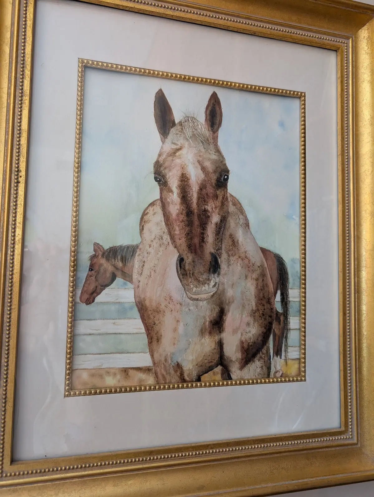 A watercolor of Sevens Tiger, our bay Thoroughbred herd leader for more than a decade guarding Ginger. Usually mares are herd leaders, but we've never had one who was that assertive. 